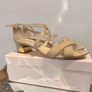 Jimmy Choo New York nude sandals, patent leather uppers, leather soles. Size 12